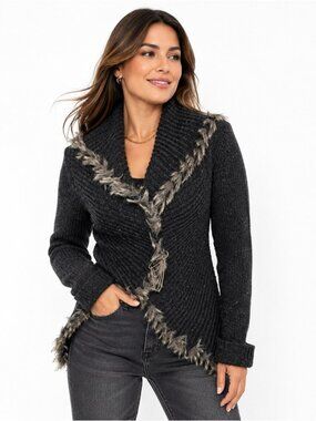 Caché Gray Faux Fur Trim Wool Blend Open Front Cardigan Medium - 630